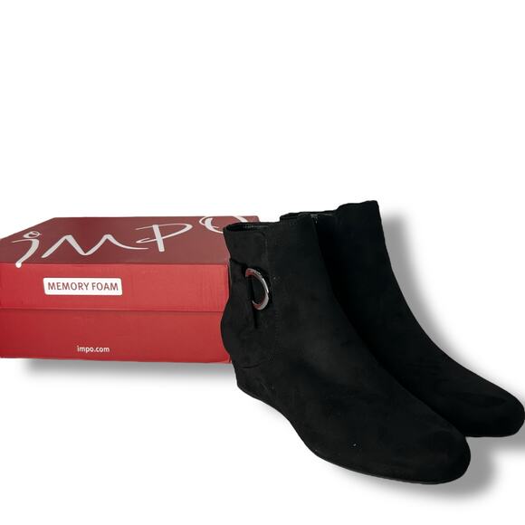 NEW Impo Suede Wedge Booties Size 7 Black Buckle Ankle Boot Comfort Heels - Picture 2 of 13